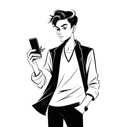 Line art illustration of a young man representing Jonah Beres, adorned in avant-garde attire, engaging with social media on a phone, with a Peter Pan shadow subtly present, against a white background