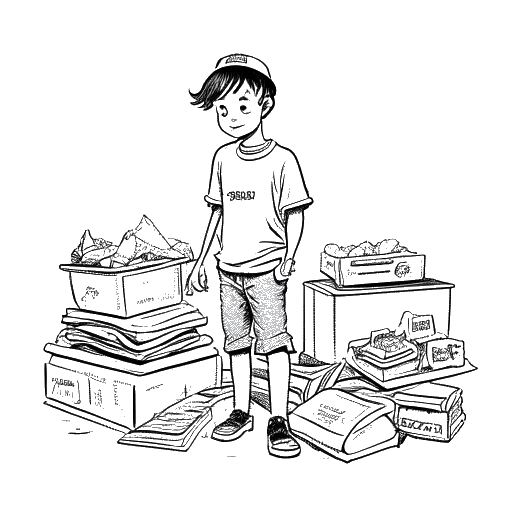 Line art drawing of Jonah Beres collecting and selling vintage clothing and DVDs