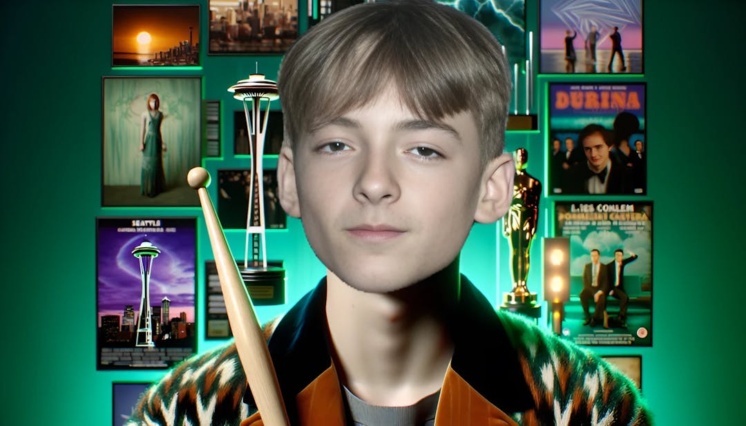 Jonah Beres portrayed against a Seattle backdrop, dressed in vintage clothing with a drumstick in hand, surrounded by acting accolades with influences from avant-garde cinema and the bright ambiance of LA's theater scene.