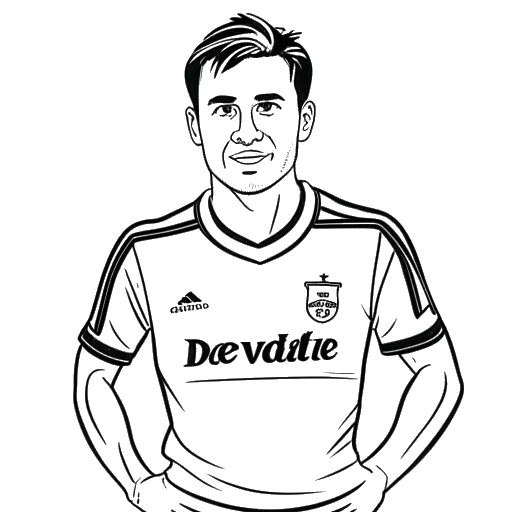 Dibujo en arte lineal de un hombre con indumentaria de fútbol, representando a Ante Čović, sosteniendo una camiseta de Newcastle Jets, con la palabra 'A-League' y la fecha 'diciembre de 2006' en el fondo