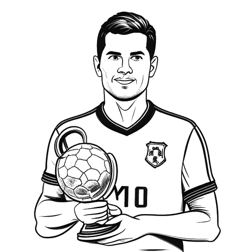 Desenho de arte de linha de um homem em trajes de futebol, representando Ante Čović, segurando um prêmio 'MVP', com o logo da Liga dos Campeões da AFC ao fundo