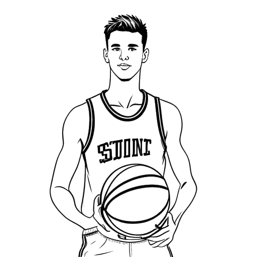 Desenho de arte de linha de um jovem em trajes de basquete, representando Ante Čović, segurando uma bola de basquete, com o texto 'Dias de estudante' ao fundo