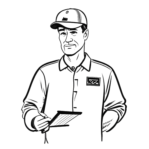 Line art drawing of a man holding a clipboard and wearing a cap with the Marconi Stallions logo, representing Ante Čović in his role as a goalkeeper coach
