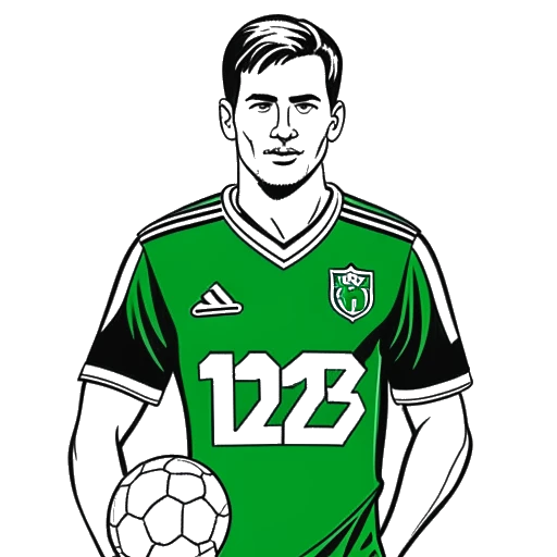Line art drawing of a man in soccer gear, representing Ante Čović, holding a jersey with the Hammarby IF logo and the number 121 in the background