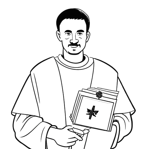Line art drawing of a man holding an Italian flag and a book, representing Ante Čović in his role as Ambassador of Croatia to the Holy See