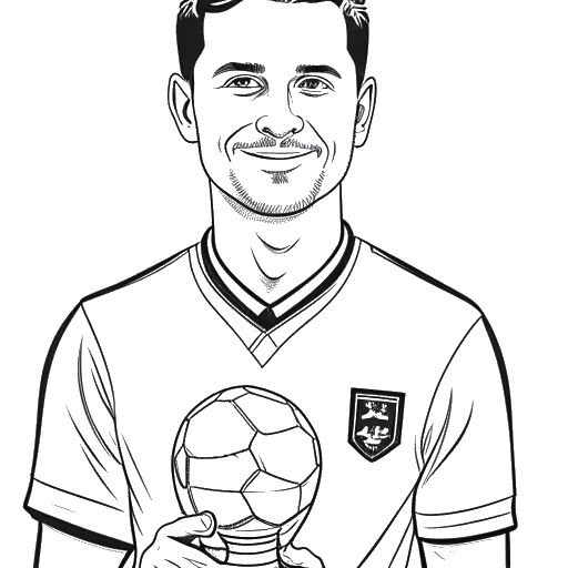 Desenho de arte de linha de um homem em trajes de futebol, representando Ante Čović, segurando um prêmio de 'Jogador do Ano do Jogador', com o logo do Melbourne Victory ao fundo