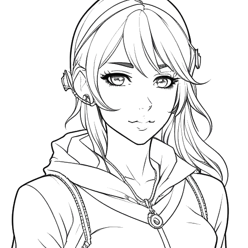 Strichzeichnung einer jungen Frau, die AnniTheDuck in einem Cosplay einer Spiel- oder Animefigur darstellt