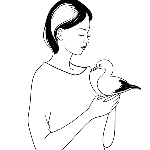 Strichzeichnung einer Frau, die AnniTheDuck darstellt, wie sie eine Ente, ihr Lieblingstier, hält