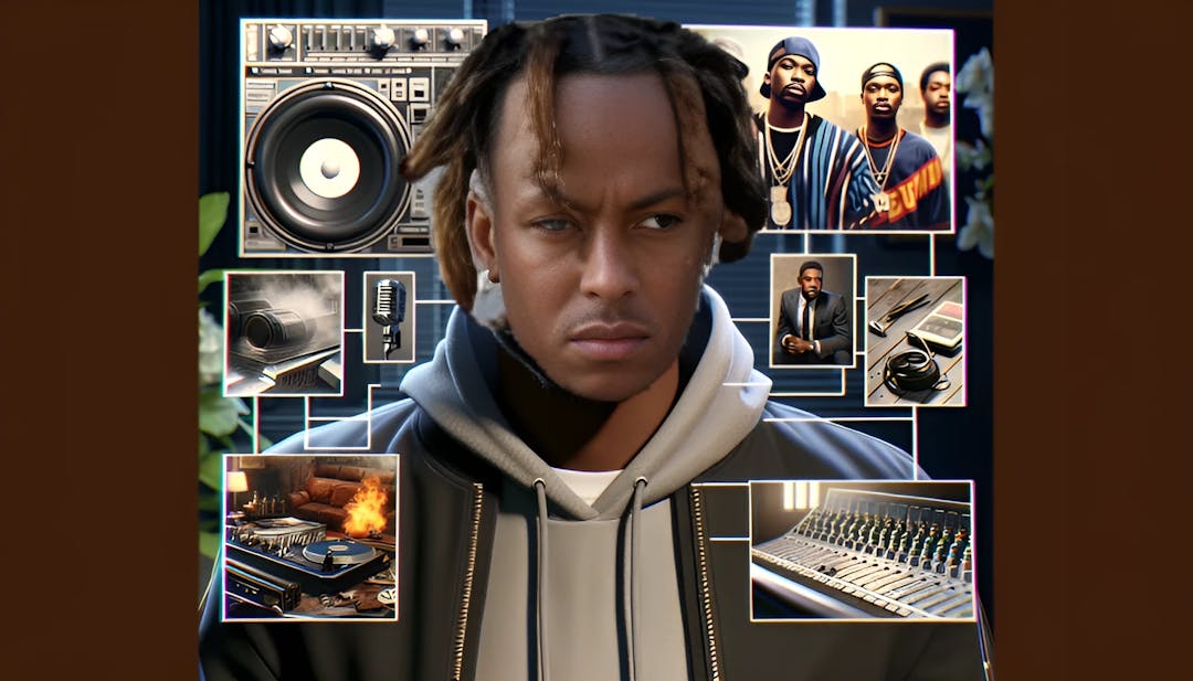 Rich The Kid (Dimitri Leslie Roger), standing with a serious expression in an urban-luxurious setting, symbolizing his musical journey and achievements in the rap industry.