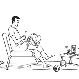 Line art drawing of a man, representing Tee Grizzley, playing video games, with a baby cradle beside him, illustrating the balance of personal life and career.