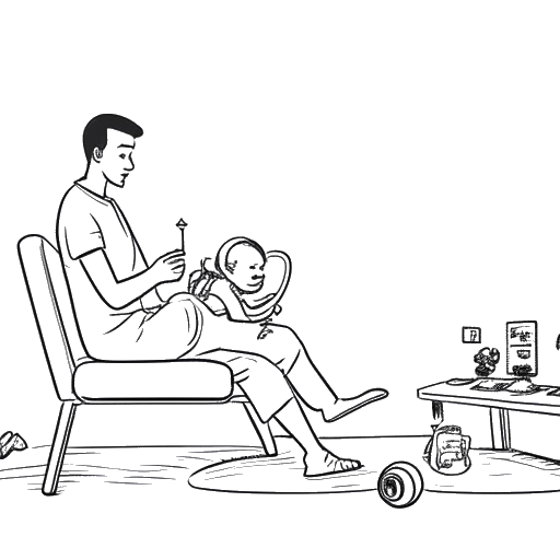 Line art drawing of a man, representing Tee Grizzley, playing video games, with a baby cradle beside him, illustrating the balance of personal life and career.