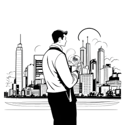 Line art drawing of a man, representing Tee Grizzley, with a thoughtful expression before a city skyline. Music notes and a film reel are intertwined, highlighting his influence in music and film.