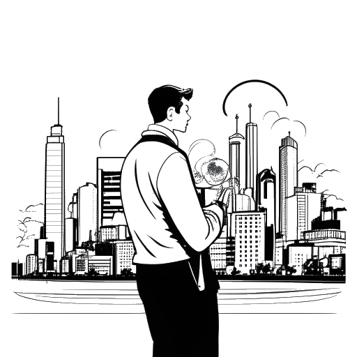 Line art drawing of a man, representing Tee Grizzley, with a thoughtful expression before a city skyline. Music notes and a film reel are intertwined, highlighting his influence in music and film.