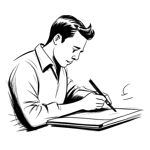 Dibujo de arte lineal de un hombre, representando a Tee Grizzley, escribiendo intensamente en un cuaderno con la sugerencia de una celda de prisión en el fondo.