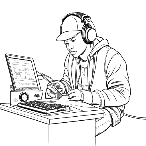 Desenho de linha de um homem, representando Tee Grizzley, vestindo um moleton e boné da moda, com fones de ouvido prontos. Um microfone, console de videogame e dinheiro significam suas fontes de renda multifacetadas.