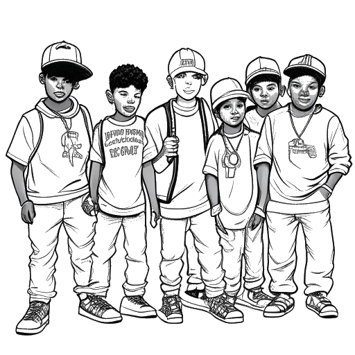 Desenho em arte linear de Tee Grizzley e seus amigos formando o grupo de rap All Stars Ball Hard na escola secundária