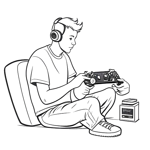 Line art drawing of Tee Grizzley playing video games, specifically Grand Theft Auto V, as an avid gamer and Twitch streamer