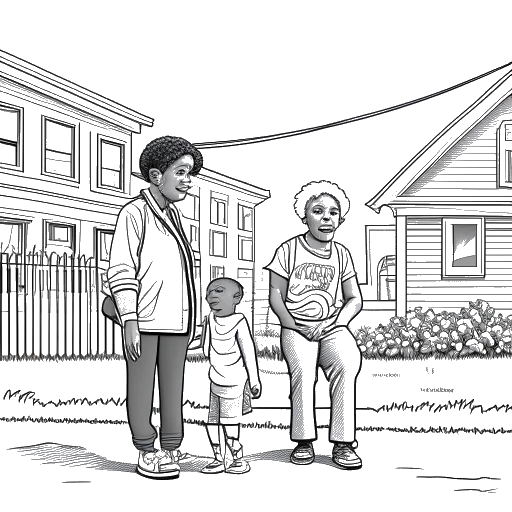Line art drawing of a grandmother and a young Tee Grizzley in the Warrendale neighborhood of Detroit