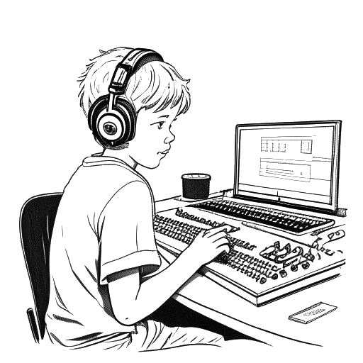 Desenho em arte linear de um jovem Tee Grizzley em um estúdio de gravação, onde cresceu cercado de música R&B devido a parentes que gravavam lá