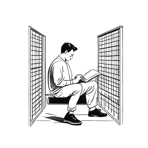 Line art drawing of Tee Grizzley reading books in prison, having sold his TV to buy them for self-improvement