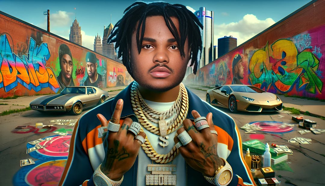 Tee Grizzley, habillé en streetwear, avec une gross chaîne en or, devant un graffiti représentant Détroit, illustrant sa montée dans le hip-hop.