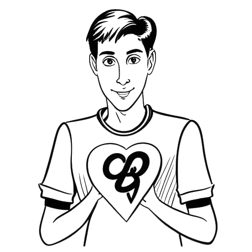 Strichzeichnung eines Mannes, der Simon Desue darstellt, der ein Herz mit der Zahl '38' hält