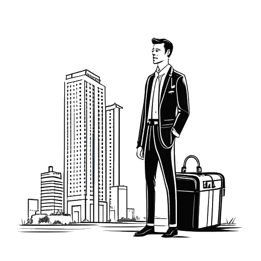 Strichzeichnung eines Mannes, der Simon Desue darstellt, vor einem luxuriösen Wolkenkratzer stehend, mit einem Koffer