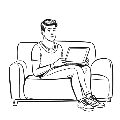 Strichzeichnung eines Mannes, der Simon Desue darstellt, der eine Fernbedienung hält, mit einem Laptop und einem Sofa im Hintergrund