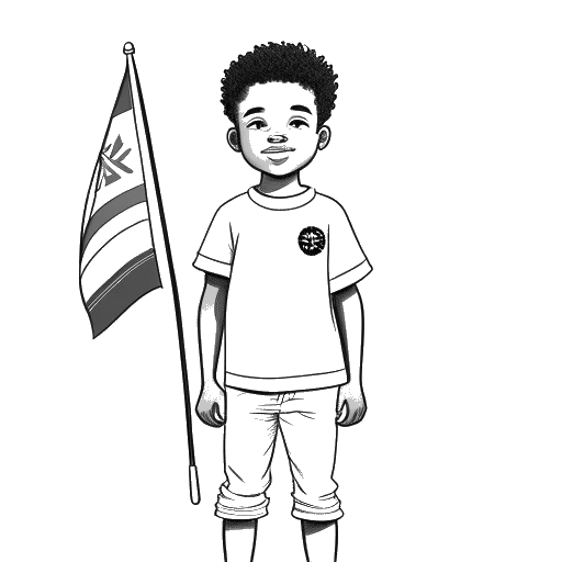 Strichzeichnung eines Jungen, der Simon Desue darstellt, mit gemischtem Erbe, der zwischen den deutschen und ivorischen Flaggen steht