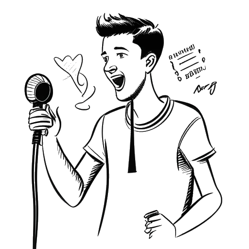 Strichzeichnung eines Mannes, der Simon Desue darstellt, der ein Mikrofon hält, mit Sprechblasen für 'Die Milch', 'Laptop' und 'Bettnässer'