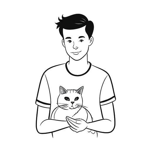 Strichzeichnung eines Mannes, der Simon Desue darstellt, der eine Katze hält, mit einem YouTube-Play-Button-Abzeichen