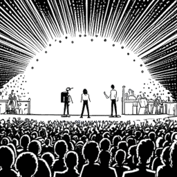 Representação em arte linear do sucesso musical de Ice Spice, com foco em um microfone sob os holofotes em um palco, simbolizando suas faixasa líderes de paradas, enquanto um público animado está à frente do palco.