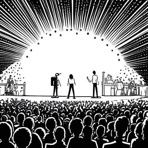 Representação em arte linear do sucesso musical de Ice Spice, com foco em um microfone sob os holofotes em um palco, simbolizando suas faixasa líderes de paradas, enquanto um público animado está à frente do palco.