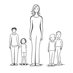 Disegno a linee di una donna, simboleggiante Ice Spice, in piedi con sicurezza, con un'illustrazione di una famiglia di supporto alle sue spalle, mostrando le sue radici nel supporto familiare e nei suoi principi.