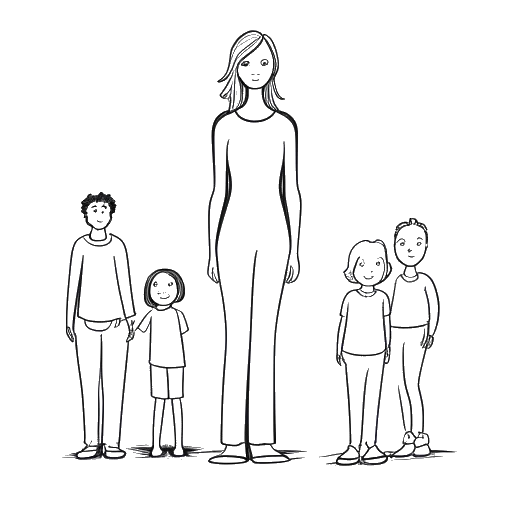 Line art of a woman, symbolizing Ice Spice, standing with poise, with an illustration of a supportive family behind her, showing her foundation in familial support and her principles.