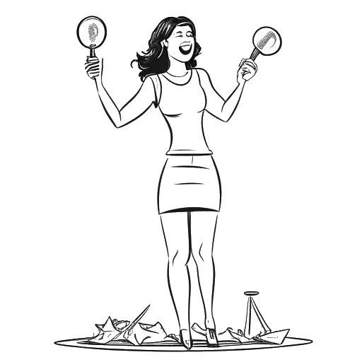 Desenho em arte linear de uma mulher, representando a Ice Spice, segurando confiantemente um microfone com notas de dinheiro descendo ao redor dela e um troféu de música em uma mesa, indicando sua bem-sucedida carreira na música e ganhos.