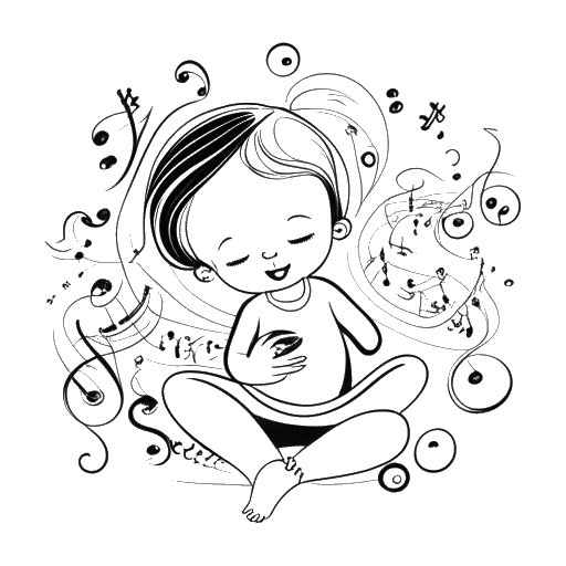 Line art drawing of a baby girl, representing Ice Spice, surrounded by musical notes