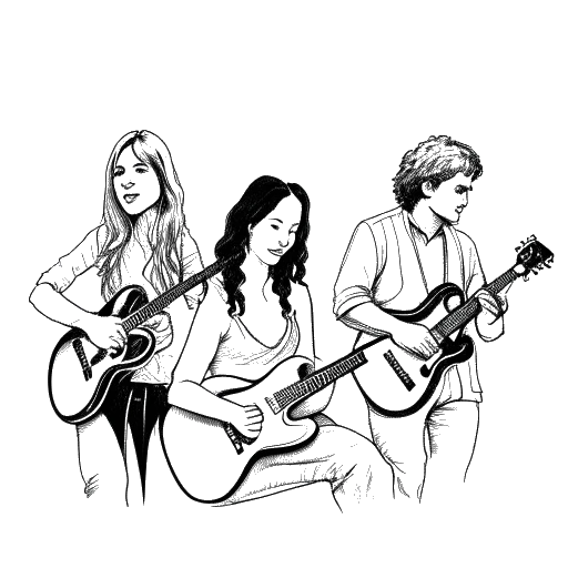Strichzeichnung einer jungen Frau, die Ice Spice darstellt, zusammen mit drei anderen Musikern