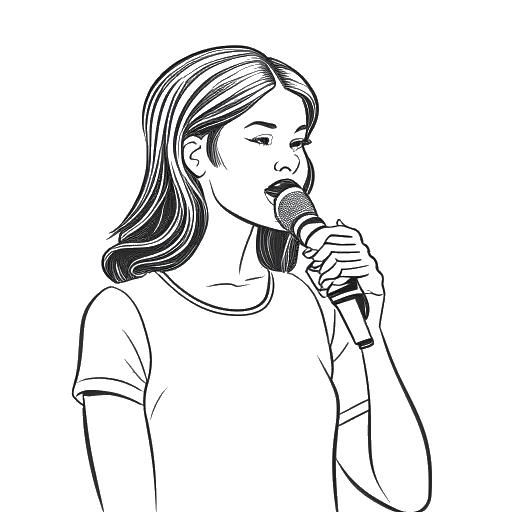Dibujo de arte en línea de una joven, representando a Ice Spice, sosteniendo un micrófono con el logo de Twitter en el fondo
