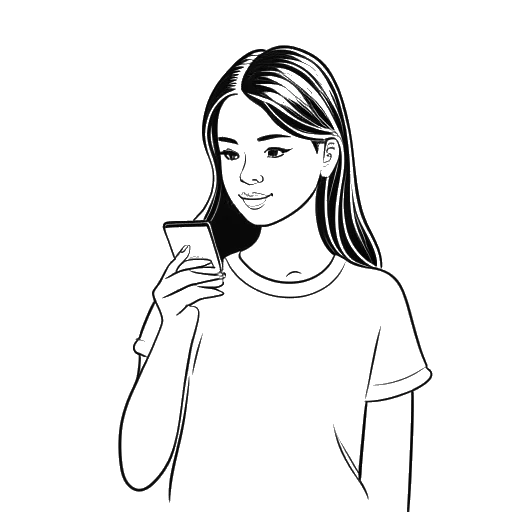Line art drawing of a young girl, representing Ice Spice, holding a smartphone with the Instagram logo