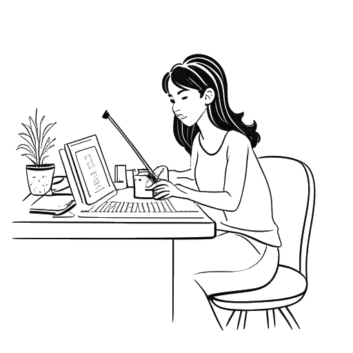 Strichzeichnung einer jungen Frau, die Ice Spice darstellt, bei der Arbeit an einem Schreibtisch, mit einem Kalender, der einen Feiertag und Geburtstag zeigt