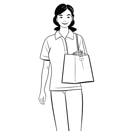 Line art drawing of a young woman, representing Ice Spice, wearing a Wendy's uniform and holding a shopping bag from The Gap