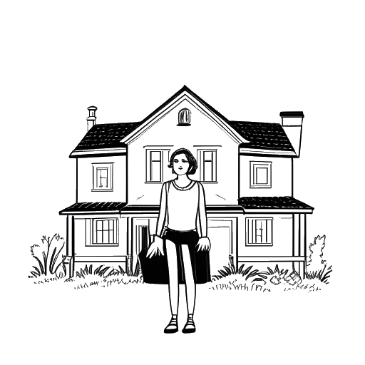 Line art drawing of a young woman, representing Ice Spice, holding a suitcase in front of a house