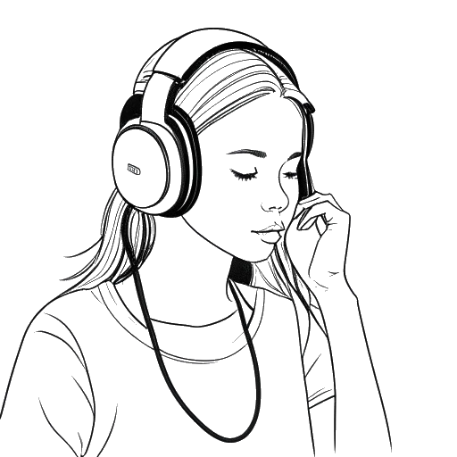 Dibujo de arte en línea de una niña, representando a Ice Spice, escuchando música con auriculares
