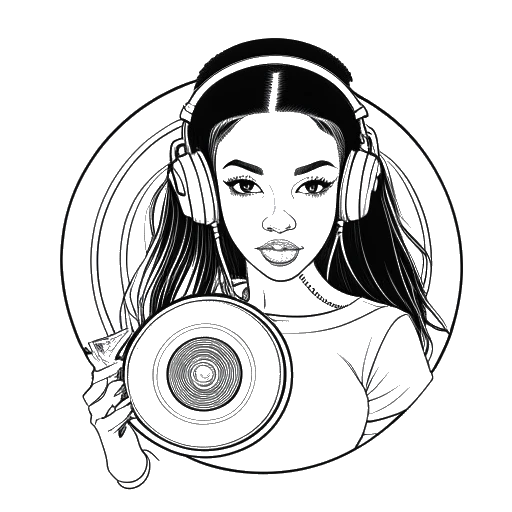 Line art drawing of a young girl, representing Ice Spice, holding a CD with the logos of Nicki Minaj and her songs