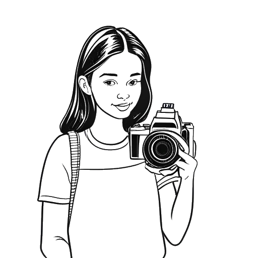 Dibujo de arte en línea de una joven, representando a Ice Spice, sosteniendo una cámara con una niña joven, representando a North West, en el fondo