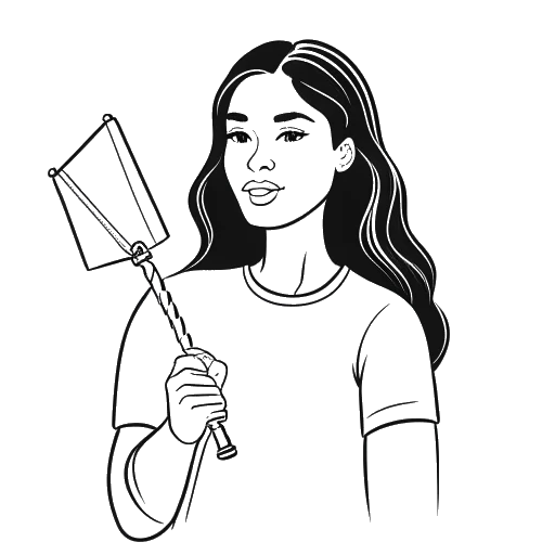 Dibujo de arte en línea de una joven, representando a Ice Spice, sosteniendo una bandera del orgullo y un candado