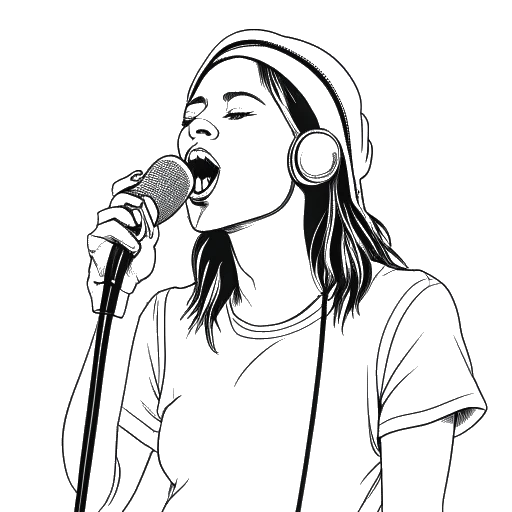 Desenho em arte linear de uma jovem mulher, representando Ice Spice, fazendo rap em um microfone