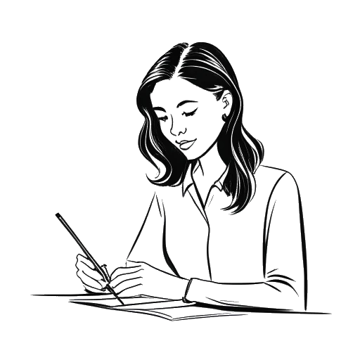 Line art drawing of a young woman, representing Ice Spice, signing a contract