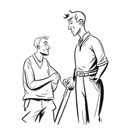 Desenho em arte de linha de um homem, representando Apollo Legend (Benjamin Smith), com seu fiel amigo, Sallow Dawn, defendendo seu legado contra acusações coletivas de bullying. O desenho é feito em preto e branco, em um fundo branco.